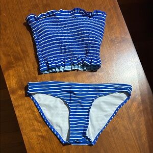 Xhilaration Blue & White Striped Smocked Bandeau Bikini Set